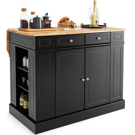 COSTWAY Kücheninsel mit erweiterbarer Arbeitsplatte, Küchenschrank mit Schubladen, Seitenregalen und 2 Ebenen Staufach, Holz, 120 x 91 x 92 cm (Schwarz) (1/5)