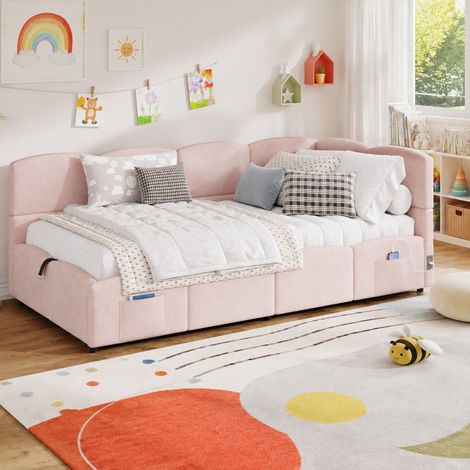 Divano letto contenitore 212.5x98x78 cm, con sollevamento idraulico, porte USB, velluto rosa (1/5)