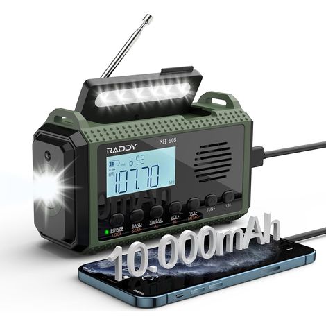 Radio d’Urgence, manivelle, Solaire, AM/FM/SW/Alerte, Radio Portable avec Lampe Torche et Lampe de Lecture, SOS, Batterie de Secours pour coupures de Courant et Camping (1/5)