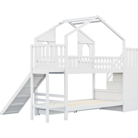 Kinder-Hochbett 90 x 200 cm Haus mit Rutsche, Stauraumtreppe und Schubladen, Weiß (1/5)