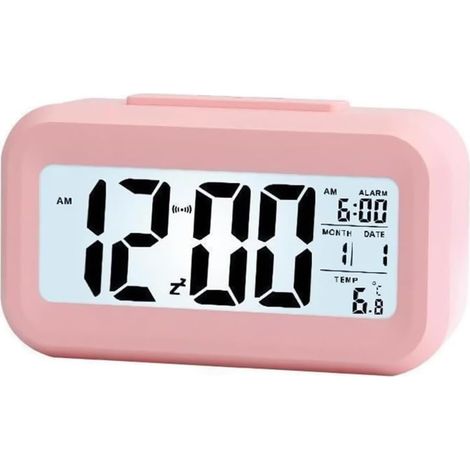 Réveil numérique avec veilleuse, affichage de la température ambiante, fonction snooze, format 12/24 heures, idéal pour les chambres, les personnes au sommeil profond et les bureaux (rose). (1/5)