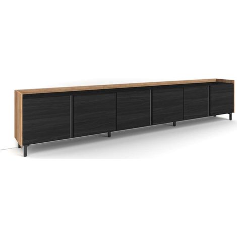 Mueble TV Campillos-02 de 309x61x35 cm con puertas abatibles, diseño industrial, color negro y roble (1/4)