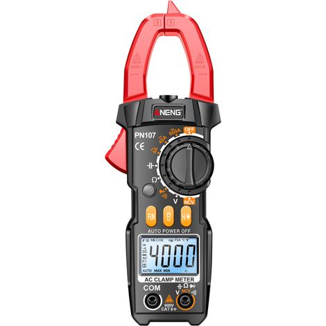 Multímetro de pinza PN107, CAT II 600V, 4000 cuentas, mide CA/CC, voltaje y resistencia.
