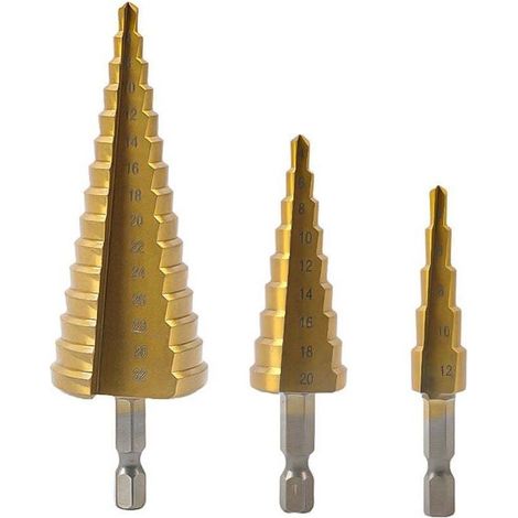 Foret étagé, Hex Tige Foret Bits 4-12mm / 4-20mm / 4-32mm Titanium Métal Éclaté Éplucheur Bits Ensembles Bits Cone Bits 3 pcs (1/4)