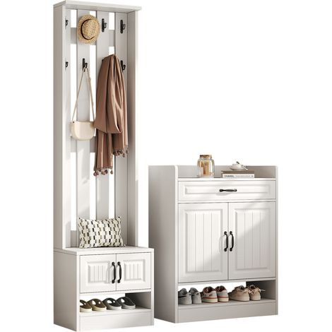 Mobile ingresso con 4 Ante, 1 Cassetto e 8 Ganci, con Panca Scarpiera, Stile Moderno, in Pannelli, Bianco, 125×36×190 cm (1/5)