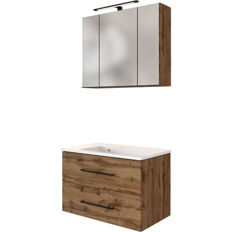 Waschplatz Set inkl. LED Spiegelschrank und Waschtisch MANLY-03 Wotaneiche Nb. B/H/T: 80/200/47 cm (1/5)