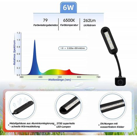 Lampe LED Aquarium Clipsable Éclairage étanche pour Aquariums avec Minuteur 3 Modes Éclairage et 5 Niveaux de Luminosité Bras Flexible Spectre Complet pour Plantes Poissons