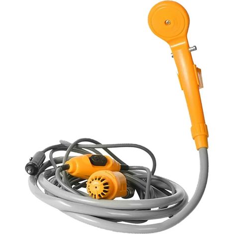 Kit de douche extérieure (jaune) 12 V pour le camping, avec pompe à eau, câble de 6 mètres et prise allume-cigare, débit maximal de 2,5 L/min. (1/4)