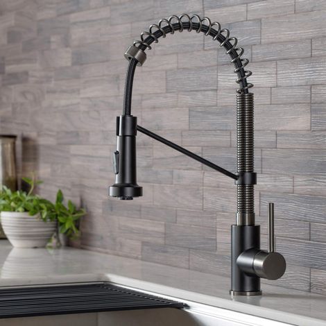 Kraus KPF-1610MBSB Bolden Rubinetto da cucina commerciale da 45,7 cm con doccetta estraibile a doppia funzione in finitura All-Brite, acciaio inossidabile nero opaco/nero (1/4)