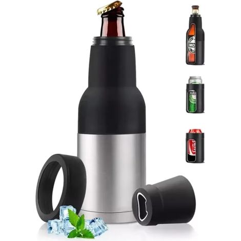 Refroidisseur de canettes de bière isotherme 3 en 1 – Manchon thermique en acier inoxydable avec ouvre-bouteille et support intégrés, convient aux canettes de 355 ml, garde les boissons froides (noir/ (1/5)
