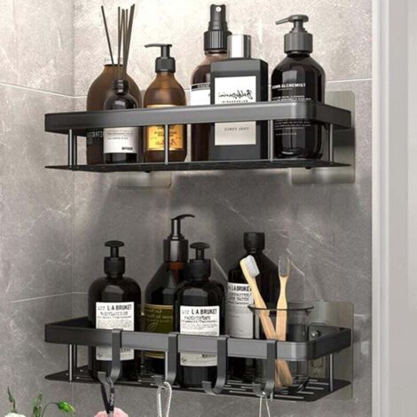 Lot de 2 Etagere Douche sans Percage, Etagere Murale Salle de Bain Aluminium mit 4 Crochets, Support Douche Auto-AdhéSif, Douche pour Salle de Bain/Cuisine/Chambre