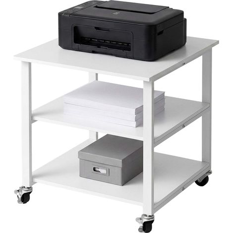 Relaxdays carrello per ufficio con supporto per stampante, 3 ripiani, bianco, HxLxP: 53 x 50 x 50 cm (1/5)
