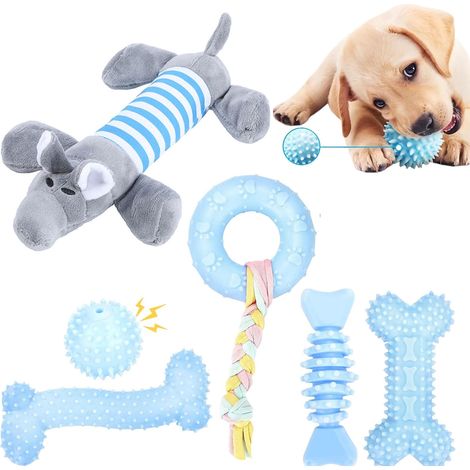 Lot de 6 Jouets de Dentition pour Chiot et Chien, Jouets à Mâcher en Caoutchouc Durable et Peluche Sonore pour Nettoyage des Dents et Soulagement de l'Ennui, Bleu (1/5)