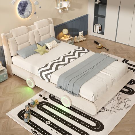Letto a forma di auto per bambini 140x200 cm in flanella beige, testiera regolabile – MEUBLIV (1/5)