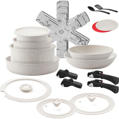 Batterie de cuisine 23 pièces induction, Lot de Casseroles et Poêles 20/24/28cm avec poignées amovibles, Empilable, Revêtement Antiadhésif en Céramique sans PFAS, avec couvercle, Blanc (1/5)