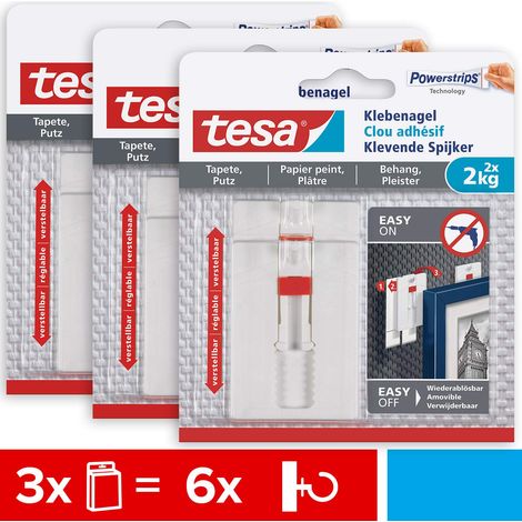 tesa 77777 Chiodi Adesivi Regolabili per Carta da Parati e Intonaco, Bianco, 6x 2,0kg