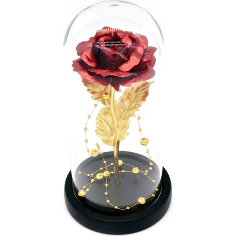 Rose La Belle et la Bête, Cadeau pour elle, Cadeau d'anniversaire pour épouse, Rose enchantée sous cloche en verre, Cadeau pour maman et épouse, Lumières et fleurs - Rose rouge à la feuille d'or (1/5)