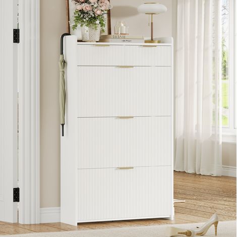 Meuble à chaussures 80x25x135 cm en panneaux de bois blanc, gain de place pour entrée FloraGrace (1/5)