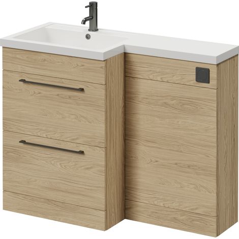 Napoli 460 Light Oak 1100mm 2 Drawer Vanity Unit Toilet Suite with Left Hand Square Lucia Basin - 1100mm - Gunmetal Grey 320mm HandleWithout Kingston Toilet Pan