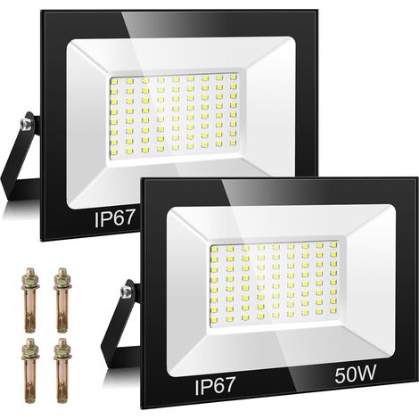 Projecteur Exterieur 50W 2 Pièce - LED 5000LM 7000K, 72 Puces IP67 Imperméable Blanc Froid, Eclairage de Sécurité Pour Patio, Garage, Jardin, Terrasse, Usine