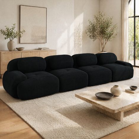 Sofá de 4 plazas en pana negra, sin estructura, espuma 32D, modular, sin montaje, OKWISH (1/5)