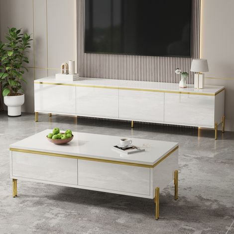 OKMYHOME Mobile TV e tavolino bianco lucido con contenitore e dettagli dorati (1/5)