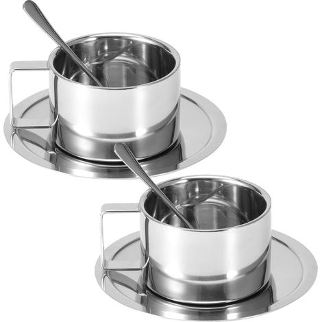 Ensemble de tasses à café JeiibrZui en acier inoxydable 200 ml - Tasses expresso à double paroi en métal - 2 pièces avec cuillère et soucoupe - Argenté (1/5)
