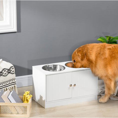Ciotola rialzata per cani con 2 ciotole in acciaio inox e vano portaoggetti, bianca OKMYHOME (1/5)