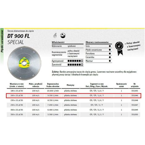 Klingspor tarcza diamentowa pełna 200mm x 1,6mm x 30mm dt900fl supra, gres, special,sucho, mokro (1/2)
