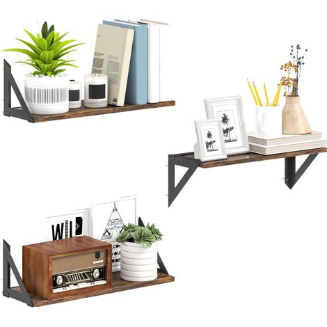 Set of 3 Wall Shelves, 43cm Vintage Wall Mounted Floating Shelves for Living Room, Entryway, Bedroom, Rustic Brown