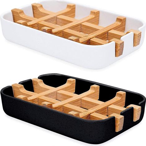 Porte-savon en bambou (lot de 2), porte-savon en bambou naturel avec système de drainage et rangement, noir et blanc (1/5)