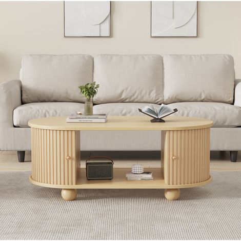 Table basse ovale 100x50x40 cm bois en MDF avec rangement et portes coulissantes (1/5)