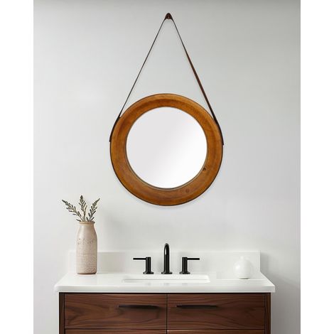 Brio - Miroir rond pour salle de bain en bois et lanière en cuir (1/5)