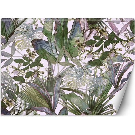 Papier peint mural, Monstera et feuilles tropicales aux pastels - 250x175 (1/5)