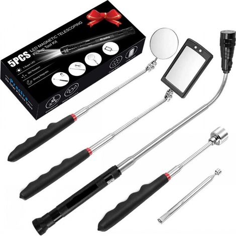 Kit da 5 pezzi con pinza magnetica telescopica e LED, include pinza da 15 libbre/1 libbra/specchio di ispezione rotondo/quadrato/manico telescopico girevole a 360°, 4 batterie. (1/4)