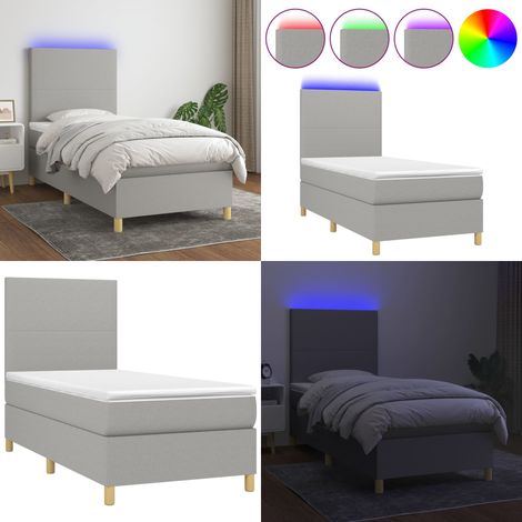 Cama box spring colchón y luces LED tela gris claro 90x200 cm - Cama box spring - Colchón con luz LED