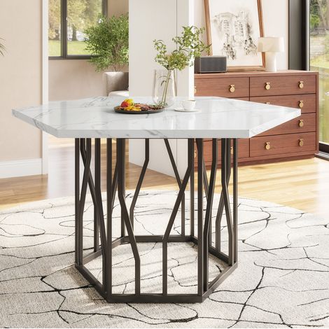 Mesa de comedor hexagonal 115.5x100x75 cm blanco y negro en MDF y acero con base decorativa (1/5)