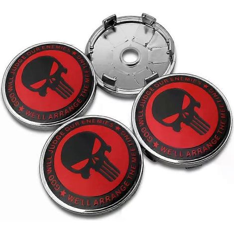 Lot de 4 emblèmes tête de mort (56 + 60 mm) pour enjoliveurs de roue de voiture, autocollants décoratifs pour jantes, couleur : rouge (60 mm), anglais. (1/4)
