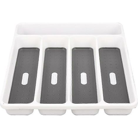 Grand plateau à couverts gris, rangement pour fourchette, 5 compartiments, revêtement antidérapant, matière plastique. (1/5)