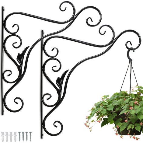 TolleTour Gancio per Cesto Appeso da Balcone - Confezione da 2 - Motivo a Foglia - Supporto a Muro in Metallo Nero per Piante da Esterno