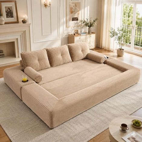 Canapé Convertible 232x98x80cm Velours Côtelé Kaki 3 Places - Canapé-Lit - Mousse Haute Densité, Porte-gobelets, Poches, 2 Coussins (1/5)