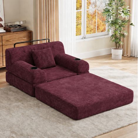 Sofá cama individual de pana con respaldo alto, espuma densa, portavasos y bolsillos OKWISH (1/5)