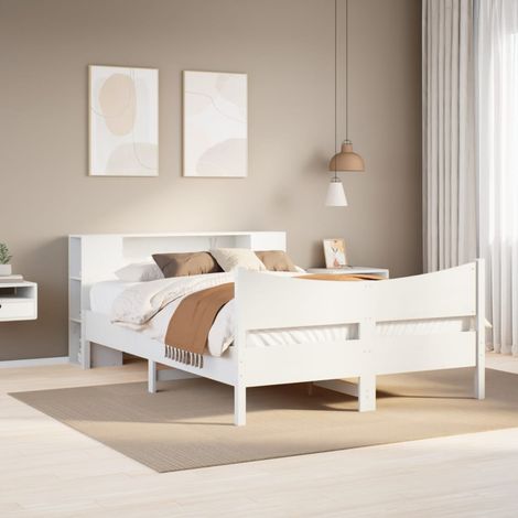 Cadre de Lit en Bois de Pin Massif Blanc 120x190 cm avec Rangement et Support Ergonomique (1/4)