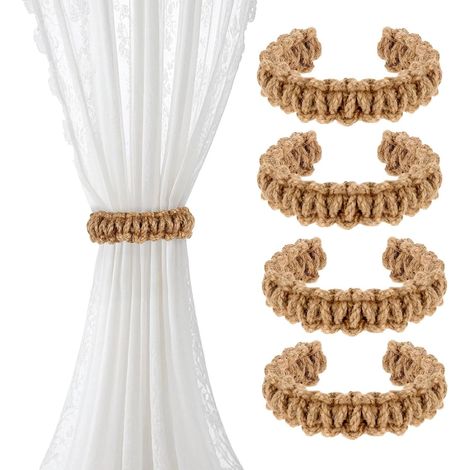 Juego de 4 alzapaños trenzados para cortinas, elegantes y rústicos, de estilo bohemio, compactos, accesorios decorativos hechos a mano para el hogar o el dormitorio. (1/5)