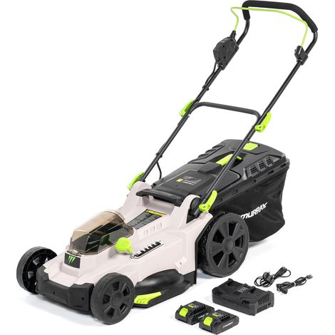 Tondeuse à Gazon sans Fil 2x20V Li-ION avec Moteur à Induction (2900 TR/Min) – Largeur de Coupe 43 cm, Bac de Ramassage 50L, 6 Niveaux de Hauteur – Mulching, Arrière, Bac (1/5)