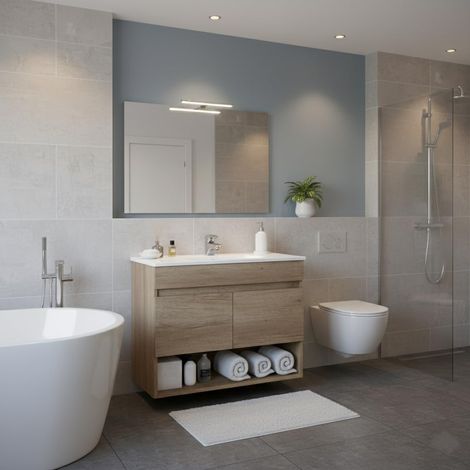 Mobiletto Bagno Sospeso Mobile Legno Con 2 Ante Ripiani e Vani Aperti Lavabo In Ceramica Con Specchio E Led Design Moderno Nordico La Brea 80 x 45 x 64 Cm Rovere - Set: Mobile Lavabo Specchio e Led 30 (1/5)