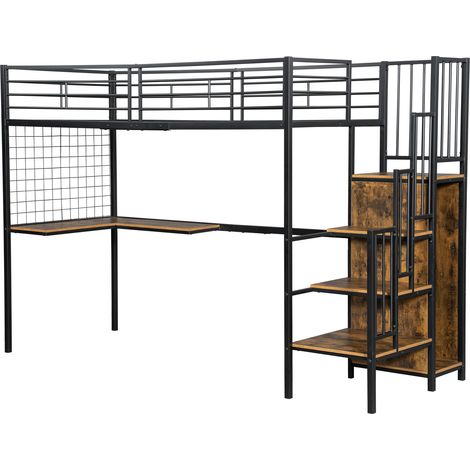 Letto a soppalco in metallo 90x200 cm nero e legno scuro con scrivania e armadio MODENUIT (1/5)