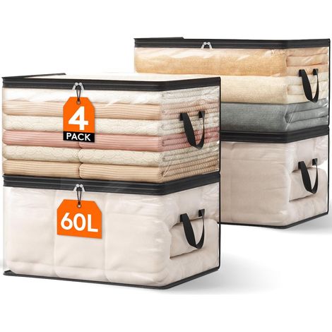 Sac de rangement transparent 60L (noir, 55  35  31.5cm), sac de rangement pour vêtements en PVC, housse de couette pliable avec poignée, boîte de rangement mobile, vêtements, couvertures, jouets, livr (1/5)
