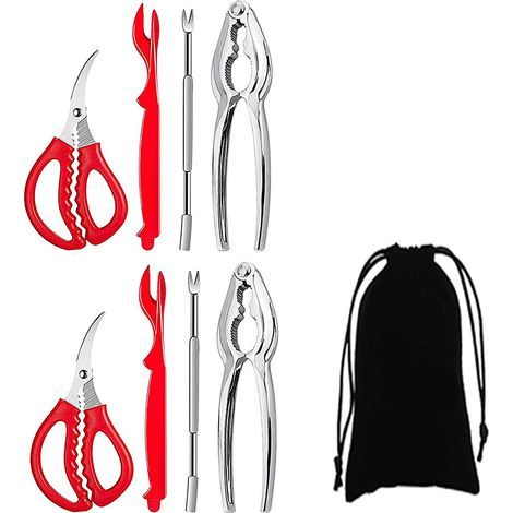 Seafood cracker tool set including a lobster sheller, stainless steel crab cracker, crab leg fork, seafood scissors and a bag of (1/4)
