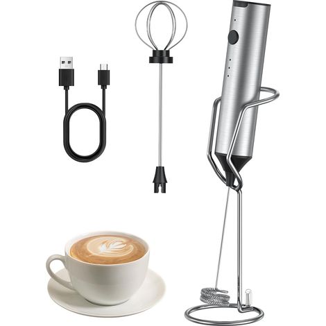 1 Mousseur à Lait, 3 Vitesses, Batterie 1500 mAh, 2 Fouets Acier Inoxydable, Pour Cappuccino Latte (1/5)